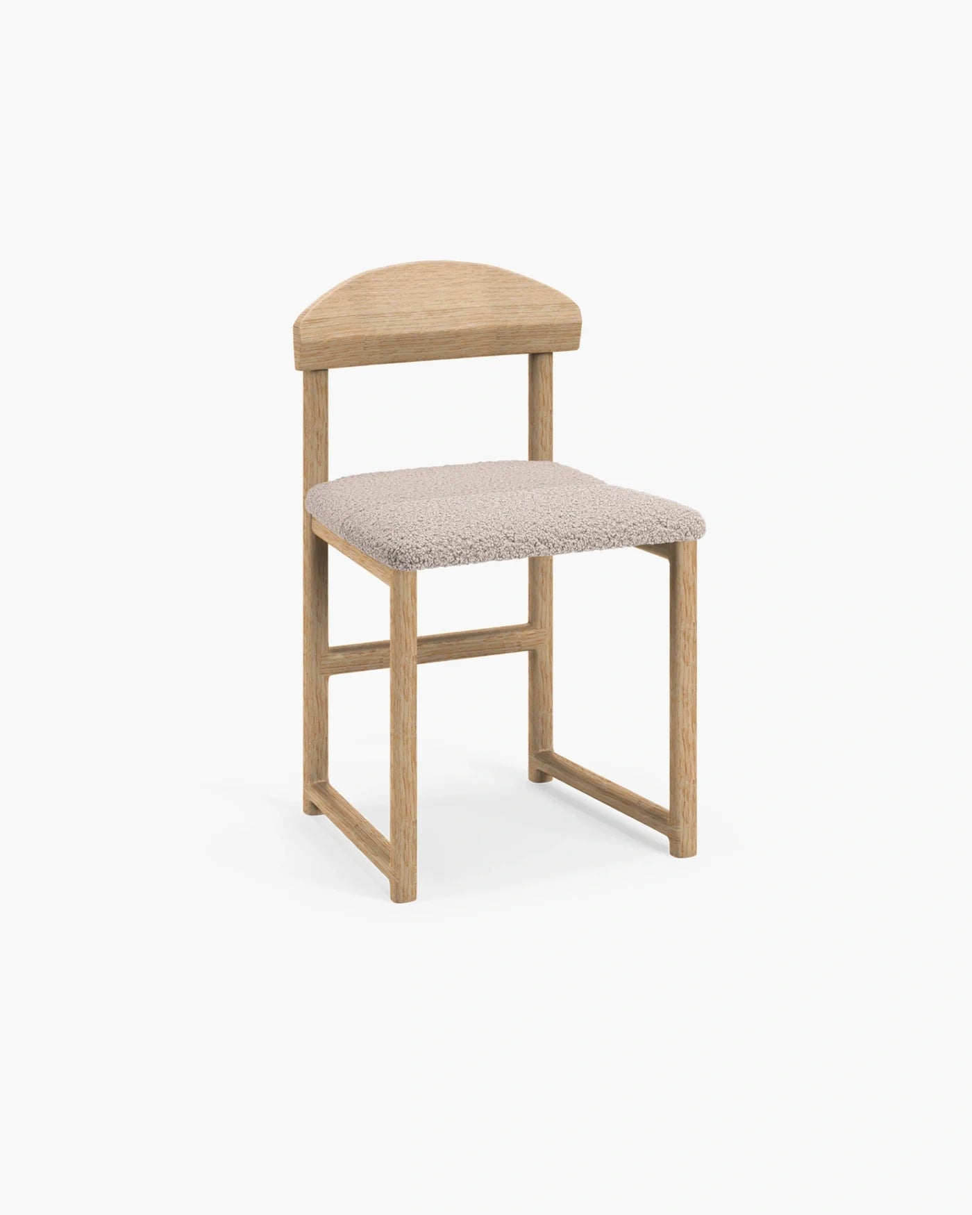 Karin dining chair in oak with greige bouclé upholstery, showcasing solid wood craftsmanship and a soft, neutral design.